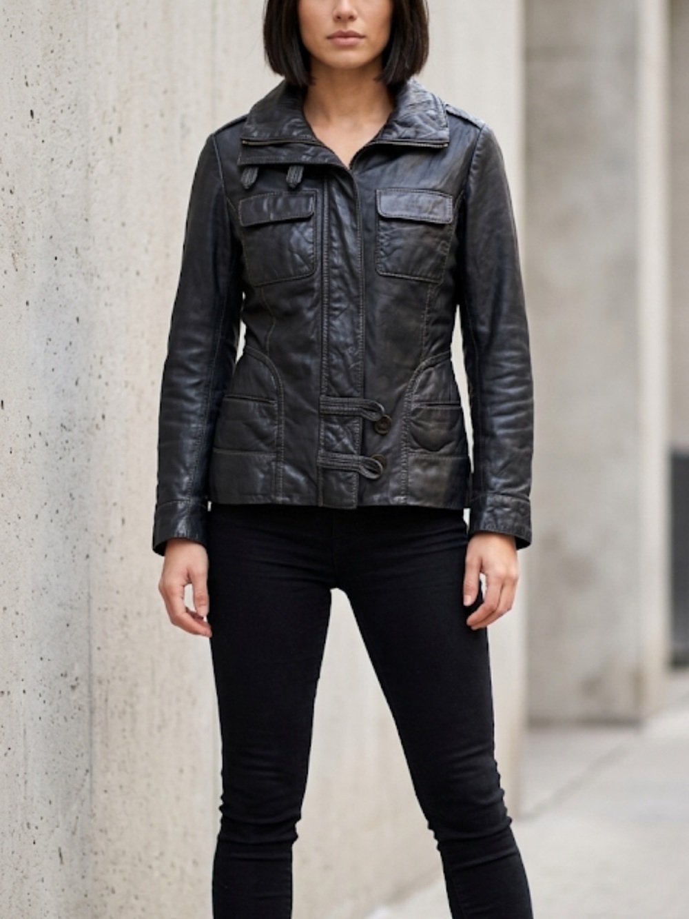 DANIER Vintage Black Genuine Leather Utility Moto Jacket XS ⭐️